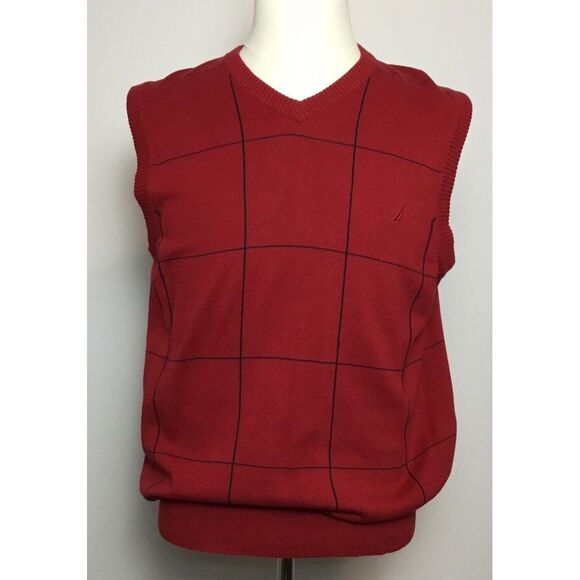 Nautica‎ Sweater Vest Red Check Mens M Preppy Academia Timeless - Picture 1 of 9
